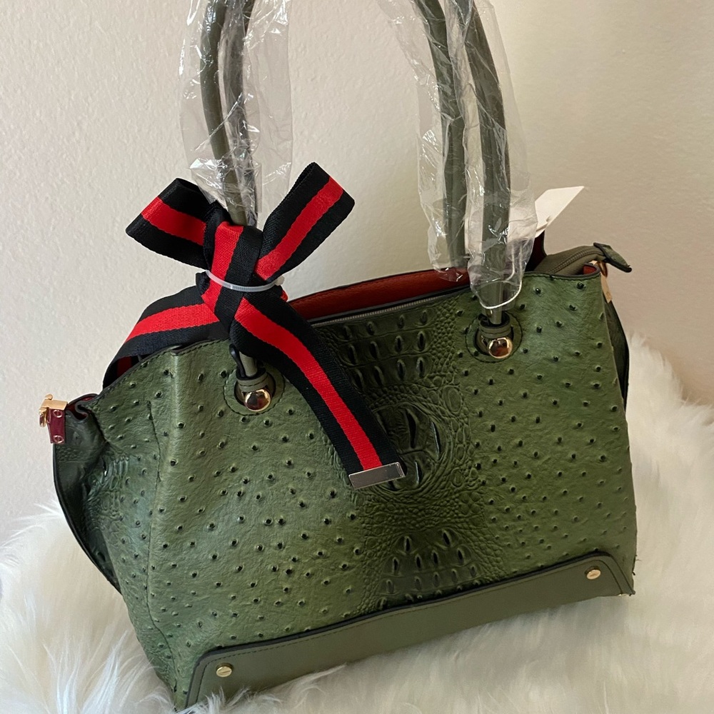 Ostrich Embossed Jewel Top Satchel